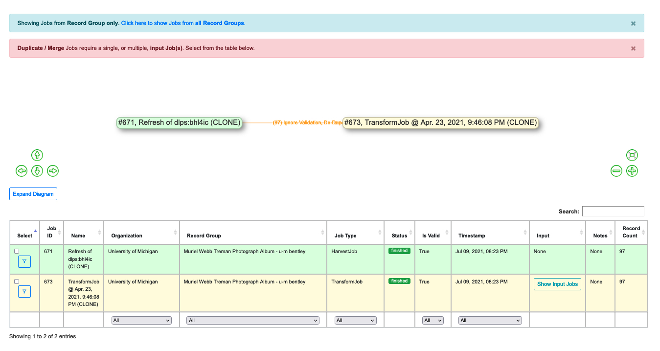 an image of the interface showing input Jobs for a Duplicate/Merge Job